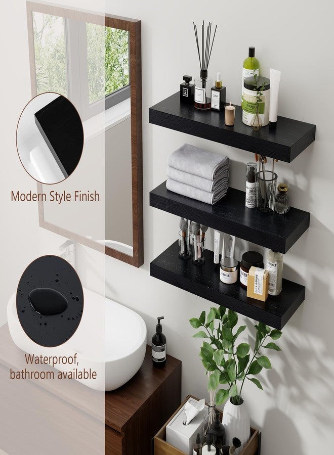 fuqing Floating Shelves for Wall - Black Wood Wall Shelves Set of 3 - Modern Style Wooden Shelves for Room Decor & Storage - Image 4